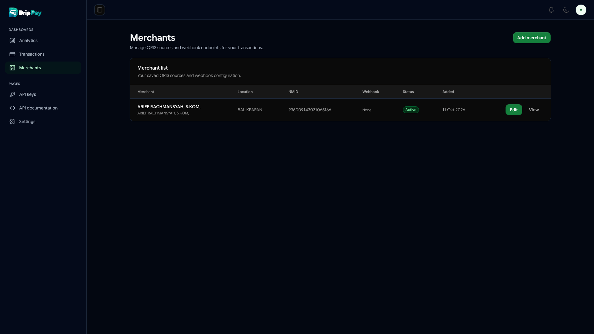 Daftar merchant DripPay dengan NMID, webhook, dan status