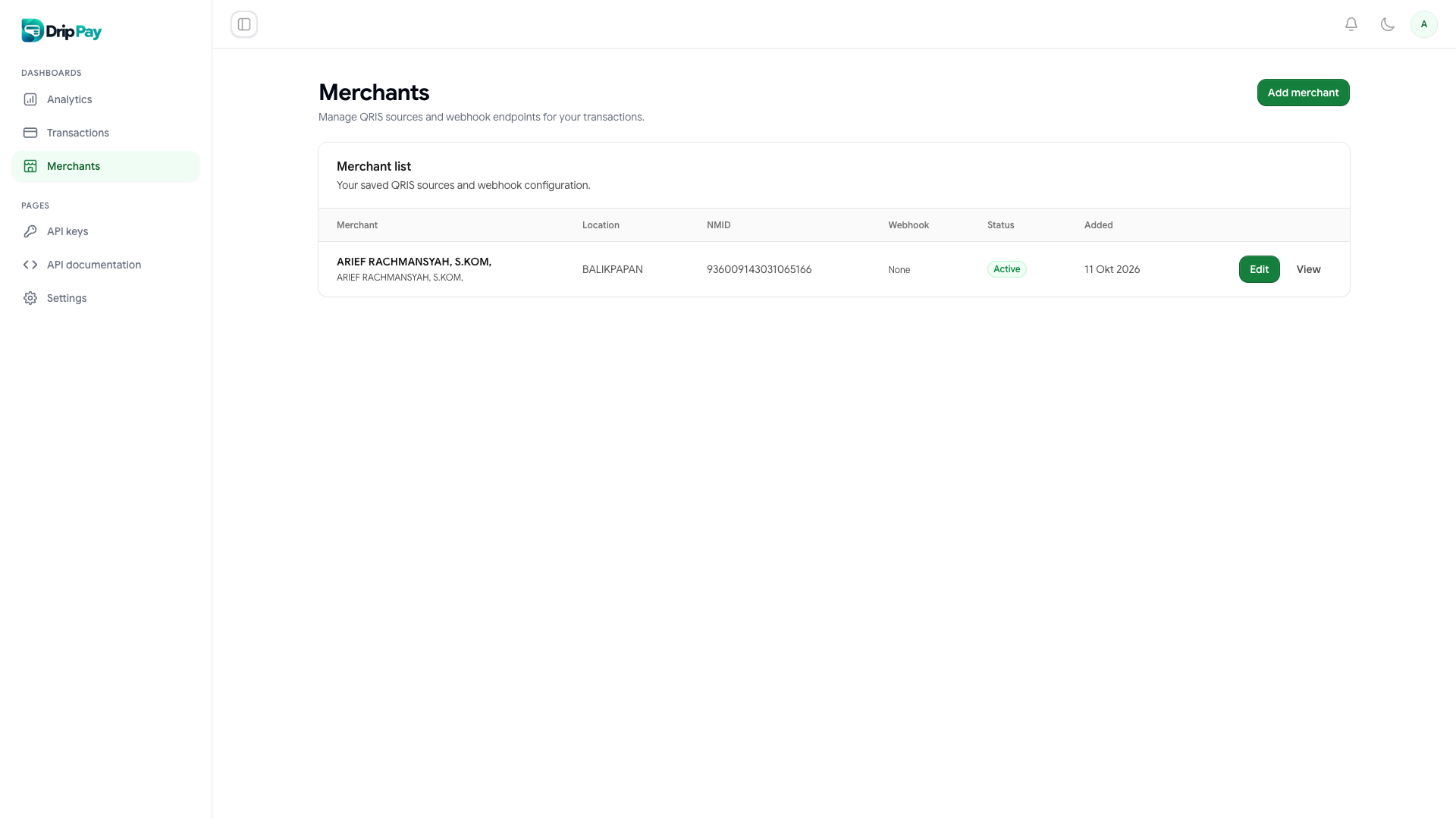 Daftar merchant DripPay dengan NMID, webhook, dan status